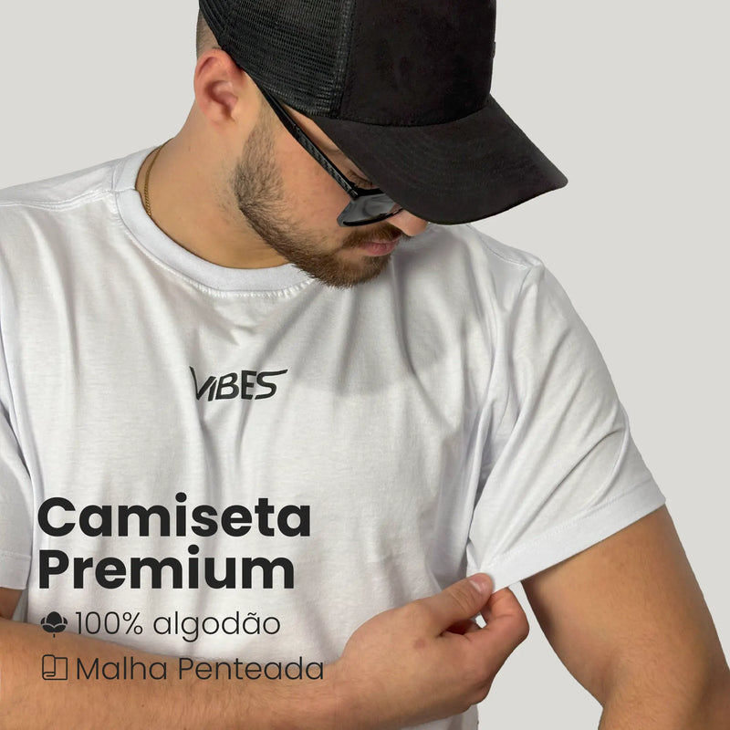 Camiseta Básica Masculina Branca VIBES 100% Algodão Malha Penteada