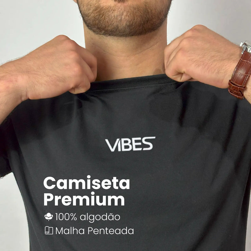 Camiseta Básica Masculina Preta VIBES 100% Algodão Malha Penteada