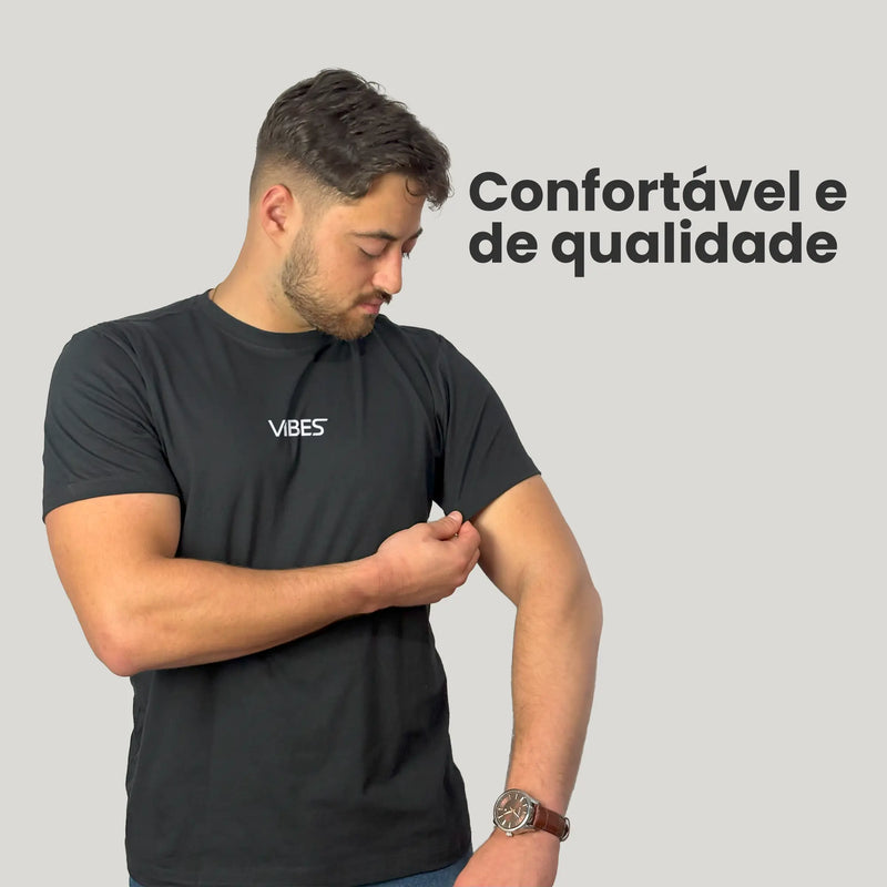 Camiseta Básica Masculina Preta VIBES 100% Algodão Malha Penteada